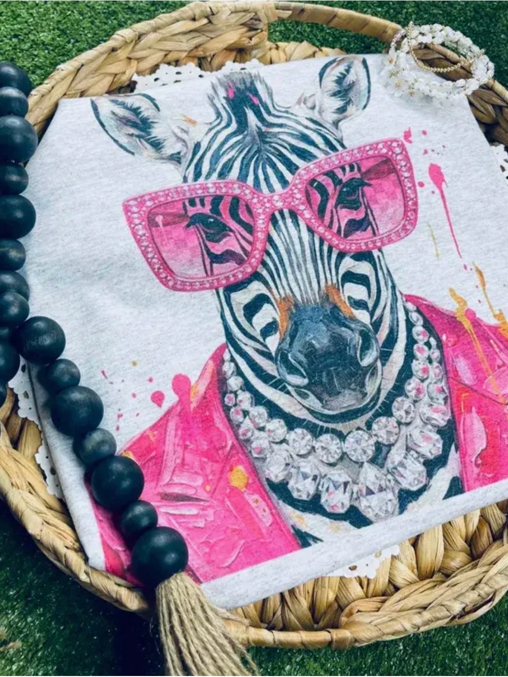 Glitz glam zebra bling necklace vintage washed chic graphic tunic top shirt